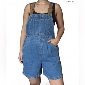 Vintage Haik’s Denim Leather Strap Short Overalls Size Large